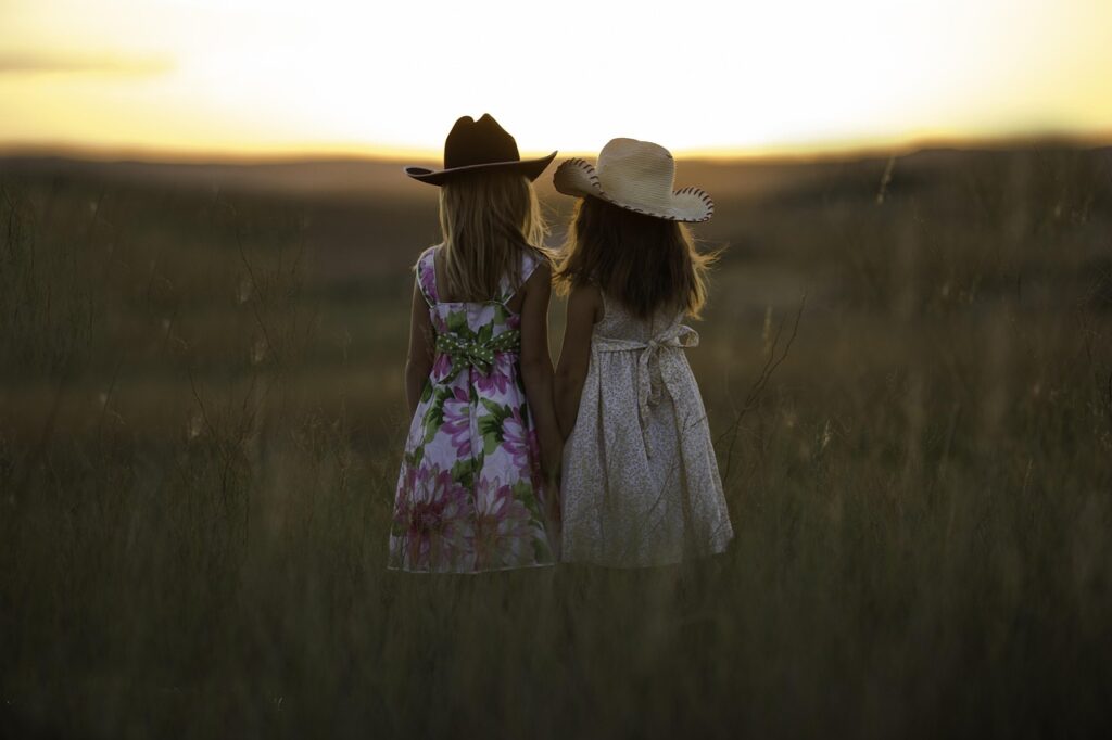 sisters, summer, children, girls, childhood, siblings, holding hands, hats, dusk, outdoors, fields, rural, countryside, dresses, sisters, sisters, children, children, children, children, nature, children