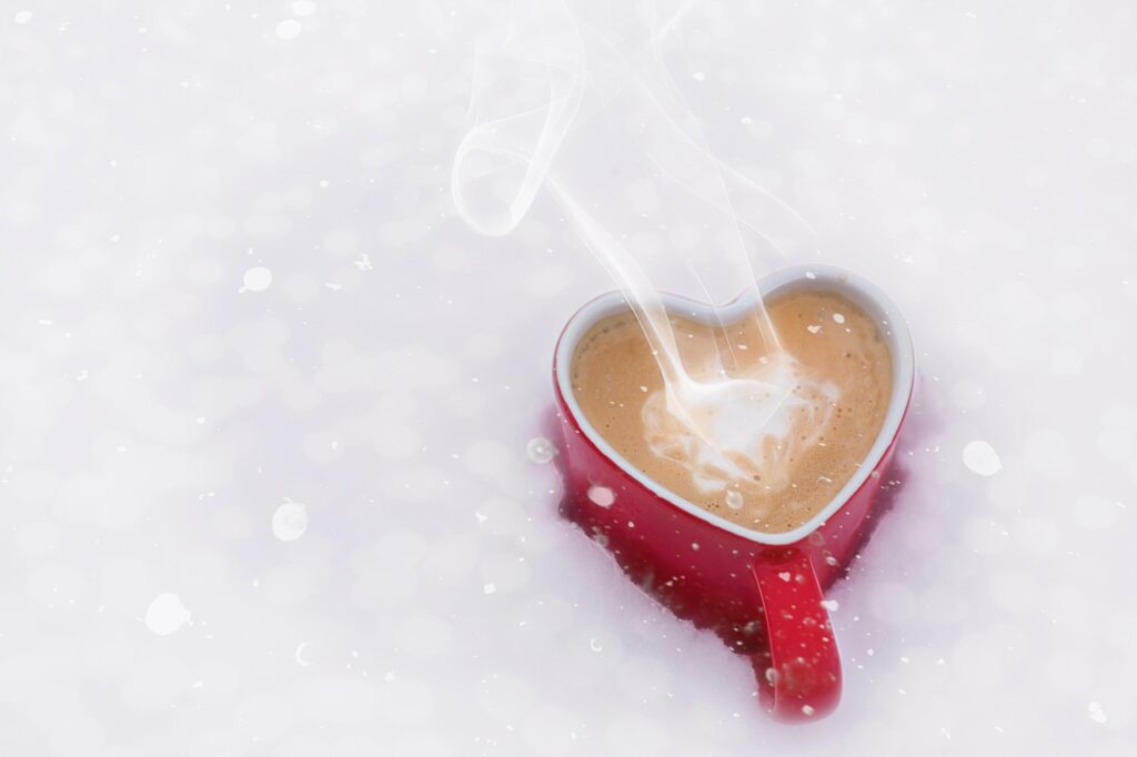 valentine's day, heart, cup, coffee, coffee cup, caffeine, nature, hot coffee, hot drink, hot beverage, heart shape, valentine, love, heart mug, snow, winter, steaming cup, romantic