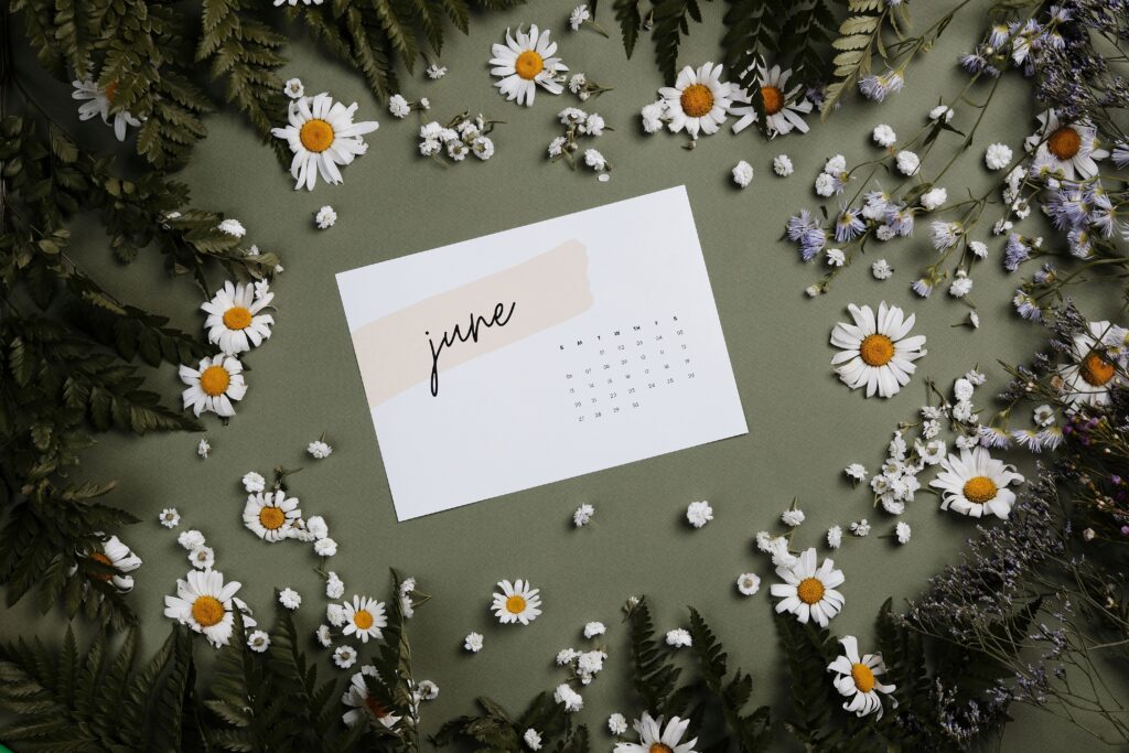 Flat lay of a June calendar surrounded by daisies and ferns on a green background.